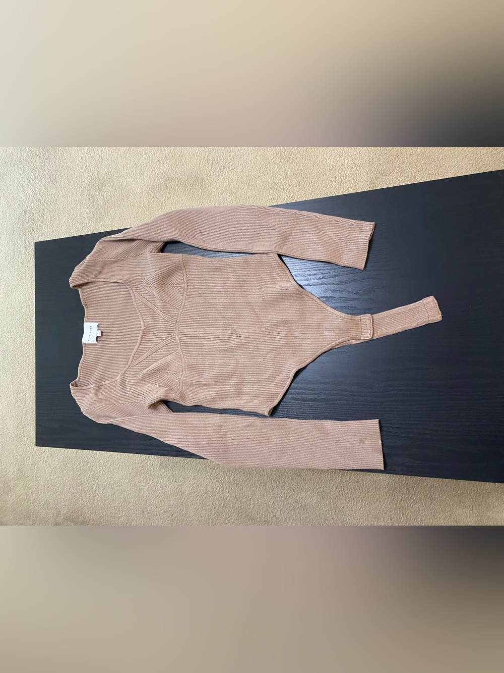 Pink Rose Ribbed Long Sleeve Bodysuit in Camel